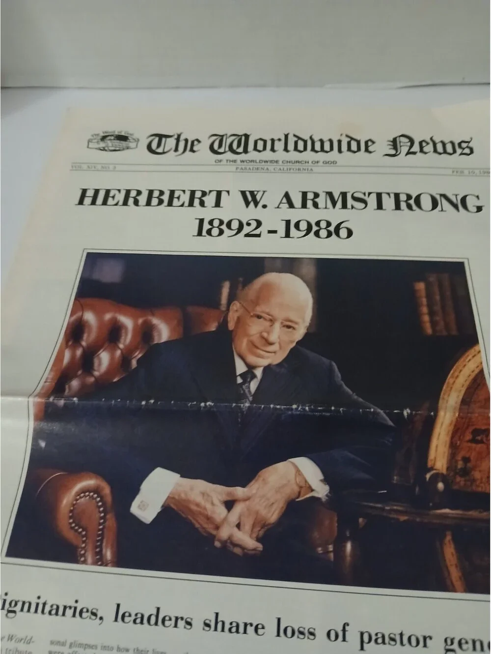 Herbert W. Armstrong Tribute The Worldwide News newspaper 1986